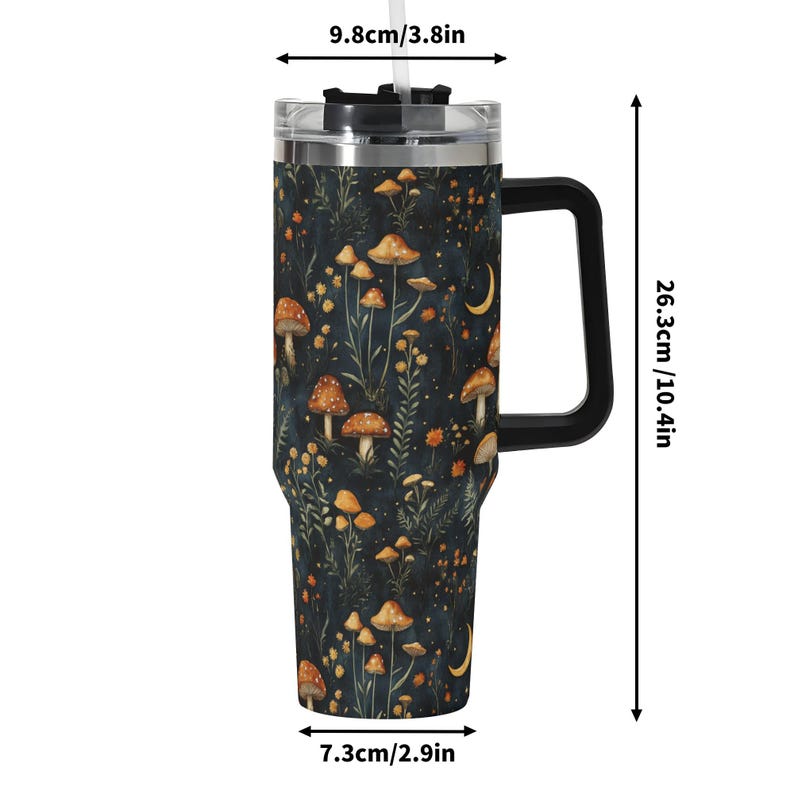Mushroom Forest 40oz Stainless Steel Tumbler With Black Handle & Straw, Dark Cottagecore Forestcore Gifts, Goblincore Tumbler, Forest Mug image 7