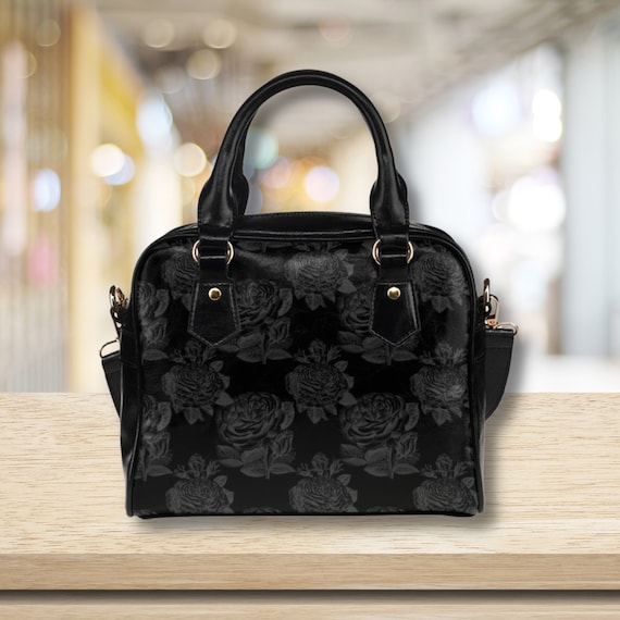 ブラックアイパッチ ROSES AND WINGS CAMISOLE BLACK Gothic Black Roses Handbag, Dark Cottagecore Vegan Leather Cross