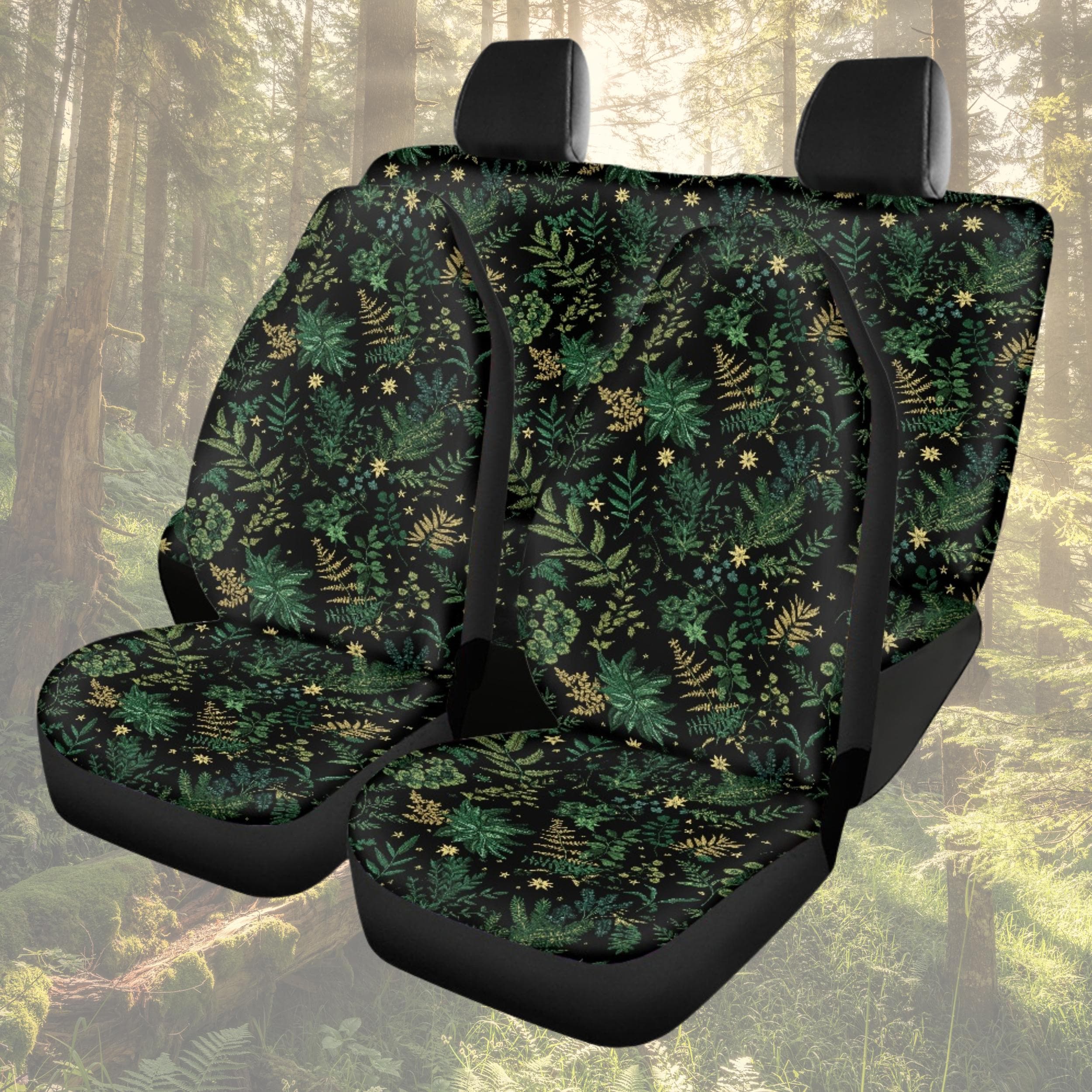 Botanical Car Seat Covers, Waterproof & Durable, Forest Ferns, Dark Green Witchy Nature Aesthetic, Boho Celestial Forestcore Car Decor Set