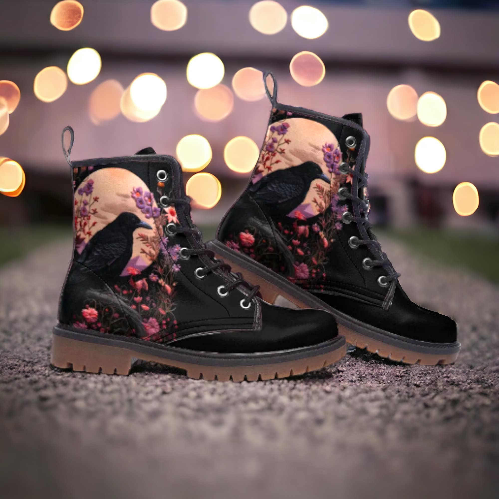 Faux-Embroidered Crow & Flowers Vegan Combat Boots, Witchy Vegan and Crow Moon Boots, Cottage Goth Crow Boots, Raven Boots, Whimsigoth Boots
