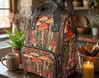 Boho Mushrooms Diaper Bag, Mushroomcore Diaper Backpack, Hippie Mama Baby Bag, Witchy Diaper Bag, Botanical Baby Bag, Goblincore Baby Gifts