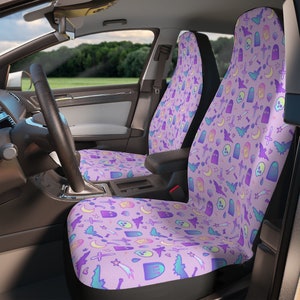 Kawaii Witch Spooky Cute Car Seat Covers, Pastel Witchy Car Decor, Creepy Cute Pastel Bats Ghosts Halloween Seat Covers, Pastel Goth Car image 1