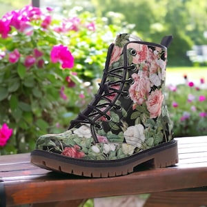 Vintage Pink Roses Floral Vegan Combat Boots, Vintage Rose Motif boots, Whimsigoth Roses Boots, Coquette Punk Boots, Shabby Chic Roses Boots