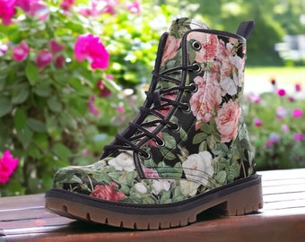 Vintage Pink Roses Floral Vegan Combat Boots, Vintage Rose Motif