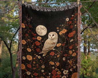 Owl and Moon Woven Blanket with Floral Design, Boho Nature-Inspired Heirloom Throw, Mystical Woodland Tapestry, Cozy Cottagecore Home Decor