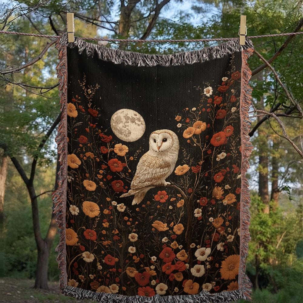 Owl and Moon Woven Blanket with Floral Design, Boho Nature-Inspired Heirloom Throw, Mystical Woodlan