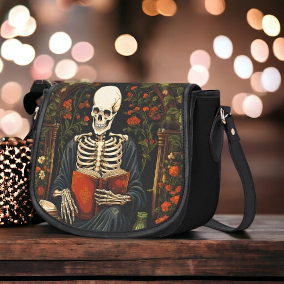 Gothic Skeleton Reading Vegan Saddle Bag Purse, Dark Academia Skeleton Library Floral Cross Body Purse, Vegan Boho Goth Girl handbag Gift