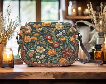 Boho Faux-embroidered Retro Crossbody Saddle Bag Purse, Earth Tones Floral, Retro Floral Handbag, Witchy Hippie Crossbody Purse, Fall Colors