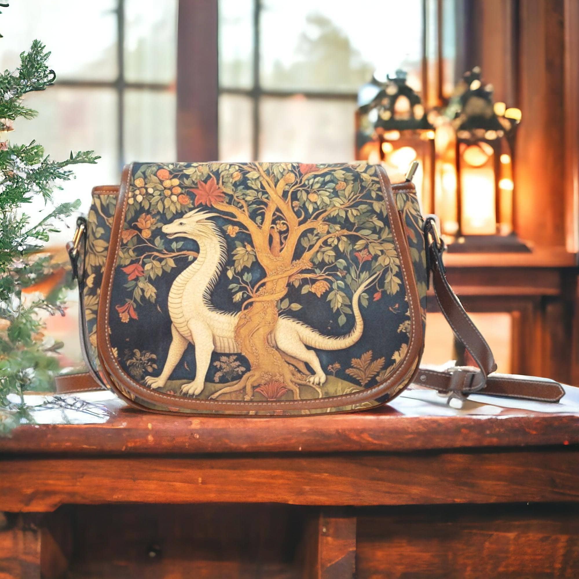 Medieval Woodland Dragon Saddle Bag, Boho Renaissance Dragon CrossBody handbag, Gremlincore Goblincore Purse, Ren Faire Dragon Aesthetic Bag