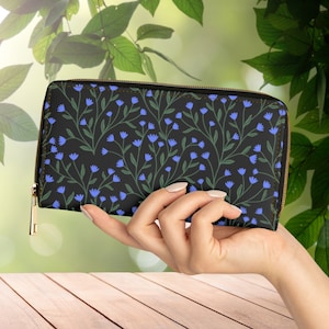Blue Wildflowers Wallet, Floral Wallet, Witchy Wallet, Dark Cottagecore Wallet, Dark Academia Wallet, Naturecore Zipper Clutch Wallet