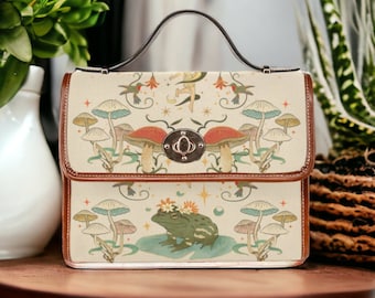 Fairy Witch Canvas Satchel, Boho Faecore Celestial Cross Body purse, Canvas Witch Handbag, Mystical Fairycore Frog Toadstools Boho Purse
