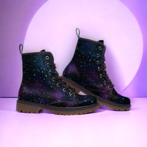 Twilight Galaxy Vegan Combat Boots, Celestial Combat Boots, Pretty Punk Festival Clubbing Boots, Egirl Combat Boots, Teen Faux Leather Boots