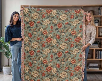 Vintage Floral Woven Blanket, Cottagecore Tapestry Throw, Antique Botanical Blanket, Victorian Inspired Bedspread, Boho Farmhouse Decor