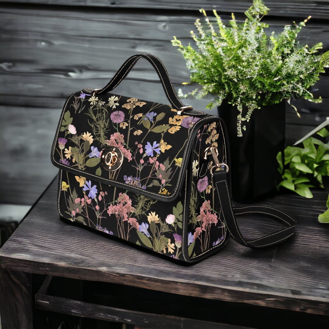 Dark Cottagecore Boho Canvas Satchel Bag, Dried Pressed Flowers Boho ...