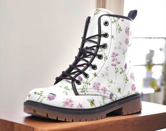 Botanical Floral Vegan Boots, Boho Country Floral Boots, Wildflowers & Bees Lace Up Boots, Bohemian Bride Faux Leather Cottagecore Boots