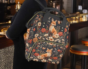 Whimsical Fox Floral Backpack, Cottagecore Book Bag, Vintage Forest Laptop Bag, Aesthetic Fox School Bag, Boho Woodland Travel Backpack