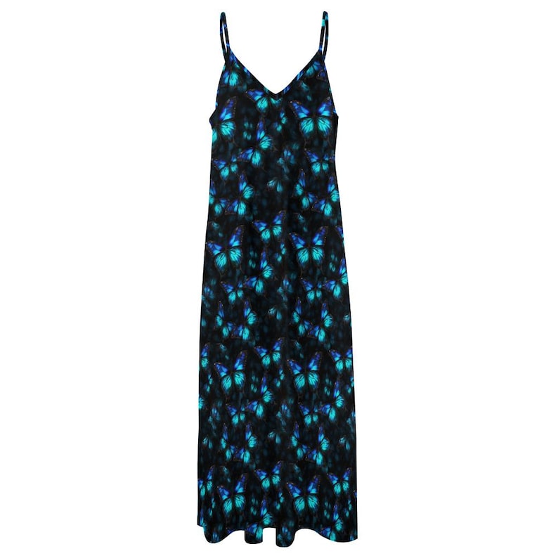 Vestido largo estilo boho con estampado de mariposas Morpho, vestido largo azul con estampado de mariposas, vestido largo boho estilo bruja hippie, vestido de fiesta de verano, vestido de playa. imagen 7