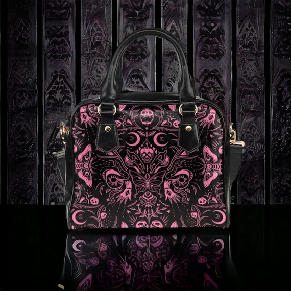 Gothic Handbag, Pastel Witch Skulls Moths Purse, Vegan Gothic Handbag, Pastel Witch Skulls Moths Purse, Vegan