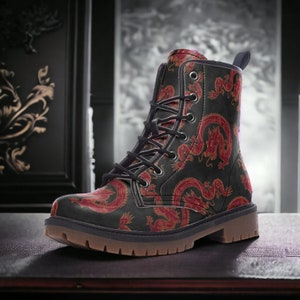 Vegan Leather Combat Boots, Red Chinese Dragons Combat Boots, Chinese Art Boots, Casual Lace Up Boots Black and Red Asian Festival Club Boot