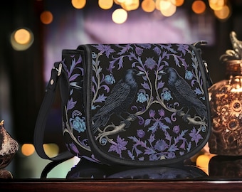 Gothic Violet Raven's Roost Vegan Cross-body Saddle Bag Purse, Witchy Ravens Crossbody purse, Goth Girl Gift, Whimsigoth Crowcore Handbag