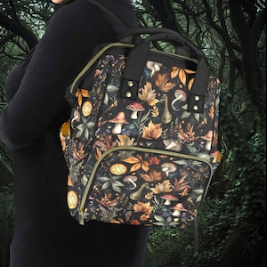 Sac à dos magique d'automne, sac pour ordinateur portable Witchy Woods, cartable Cottagecore foncé Forestcore, sac à dos champignon forêt foncée, cartable Goblincore