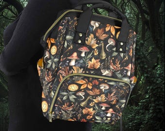 Magical Autumn Backpack, Witchy Woods Laptop Bag, Dark Cottagecore Forestcore School Bag, Dark Forest Mushroom Backpack, Goblincore Book Bag