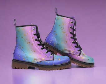 Paars roze pastelkleurige sterren laarzen, pastel regenboog veganistische leren gevechtslaarzen, fantasie sprookjeslaarzen, Kidcore pastelcore, vegan fee grunge laarzen