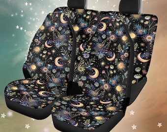 Celestial Night Garden Car Set, Thick Water Resistant Car Seat Covers Accessories, Witchy Boho Car Decoration Seat Covers, Flowers Moons Car