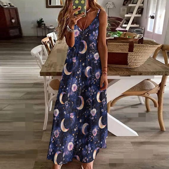 Celestial Watercolor Moons and Flowers Maxi Dress, Whimsical Boho Witchy Girl Long Dress, Gothic Fairycore Aesthetic, Violet Moons Dress