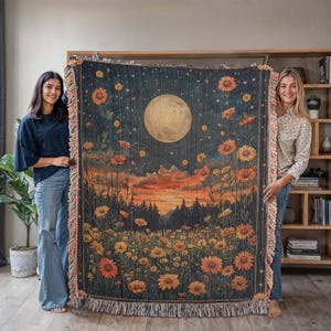 Celestial Moon Flowers Woven Blanket, Boho Sunset Floral Throw, Mystical Witchy Full Moon Tapestry Blanket, Cottagecore Home Decor Cozy Gift