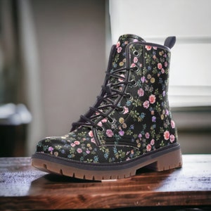 Cottage Dark Ditsy Floral Vegan Combat Boots, Boho Witchy Flower Boots, Floral Combat Boots, Country Floral Boots, Dark Cottagecore Boots