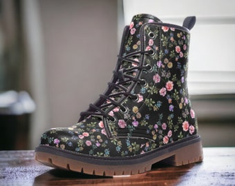 Cottage Dark Ditsy Floral Vegan Combat Boots, Boho Witchy Flower Boots, Floral Combat Boots, Country Floral Boots, Dark Cottagecore Boots