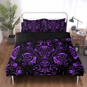 Whimsigoth 3 Piece Bedding Set Witchcore Decor Purple Black Gothic Skulls and Moths Bedding Set Witchcore Decor Goth Duvet Set Witchy Decor