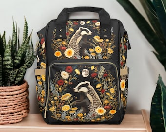 Faux-Embroidery Badger Diaper Backpack, Cottagecore Badger Mommy Bag, Forest Theme Baby Gifts, Forestcore Backpack Babyt Bag, Badger Gifts