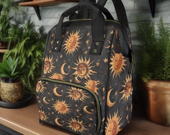 Celestial Sun and Moon Multifunctional Diaper Backpack – Whimsigoth Baby Bag with Vintage Cosmic Design, Stars, and Moons