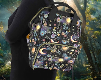 Magical Celestial Night Garden Backpack, Cute Witchy Moons & Floral Laptop Backpack, Fairycore Moons Book Bag Mystical Witch Boho Laptop Bag