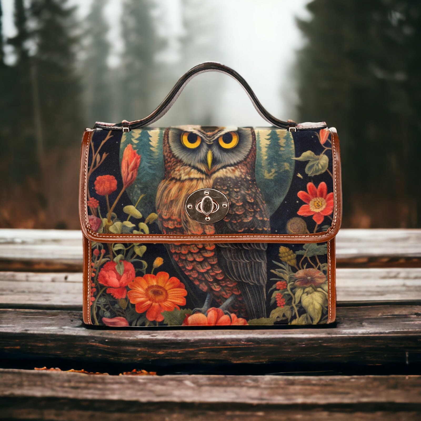Dark Cottage Goth Owl and Dark Garden Satchel, Dark Cottagecore Owl purse, Canvas Wiccan Owl Dark Wi