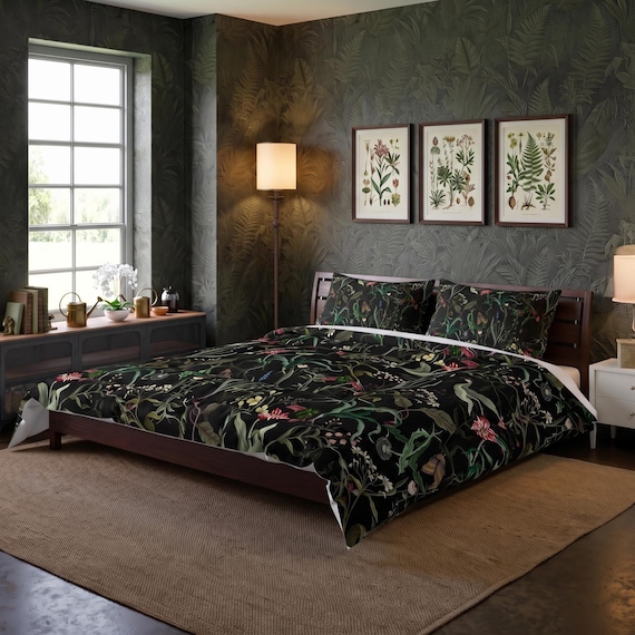 Dunkle Cottagecore Tröster Queen, King Twin Dark Moody Floral Bettwäsche, dunkle Blumenästhetik, dunkle Naturästhetik, maximalistische Wohndekoration