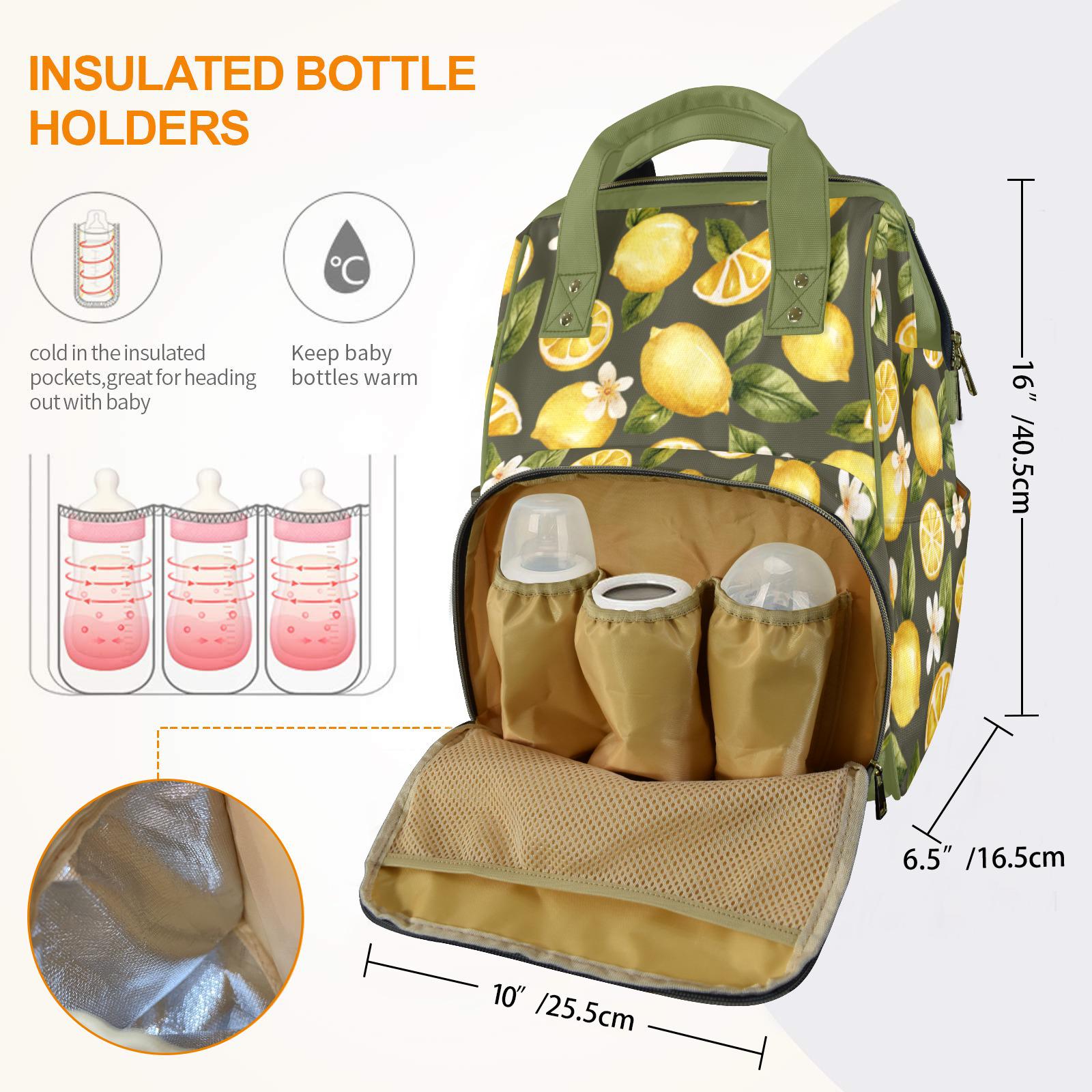 Whimsical Lemon Print Diaper Backpack, Boho Fresh Citrus 