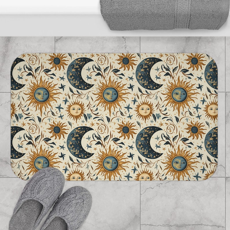 Cream Celestial Sun & Moon Shower Curtain Bathmat Set: Whimsigoth ...