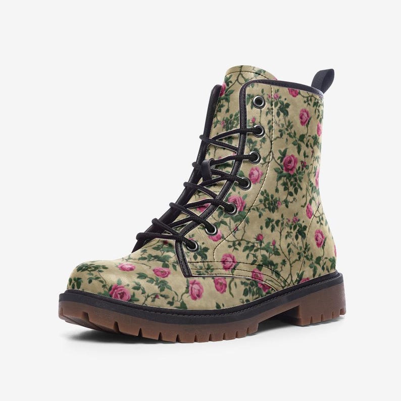 Vintage Cottage Roses Vegan Boots, Pink Roses & Taupe Combat Boots, Coquette Punk Boots, Cottagecore Rose Garden Boots, Rose Bridal Boots image 3
