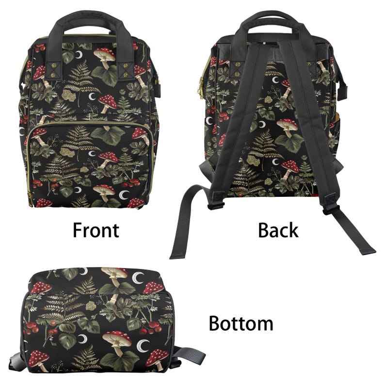 Puede incluir: Mochila negra con estampado de bosque con setas, helechos y lunas crecientes. La mochila tiene correas ajustables y cierre de cremallera.
