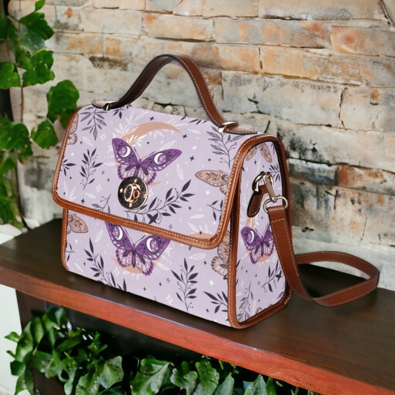 Cottagecore Violet Butterflies Satchel bag, Boho Butterflies Cross-body Purse, Mystical Butterflies Handbag, Celestial Hippies Boho Bag image 1