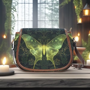 Luminous Luna Moth Saddle Bag, Dark Forest Crossbody Purse, Gothic Moth Handbag, Witchy Nature-Inspired Shoulder Bag, Boho Fairycore Gift