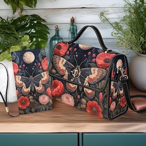 Bolso o cartera de mano con mariposas y amapolas de Dark Cottage Goth Witchy, cartera y billetera Dark Butterfly, conjunto Dark Floral Gothic Butterfly Witchcore