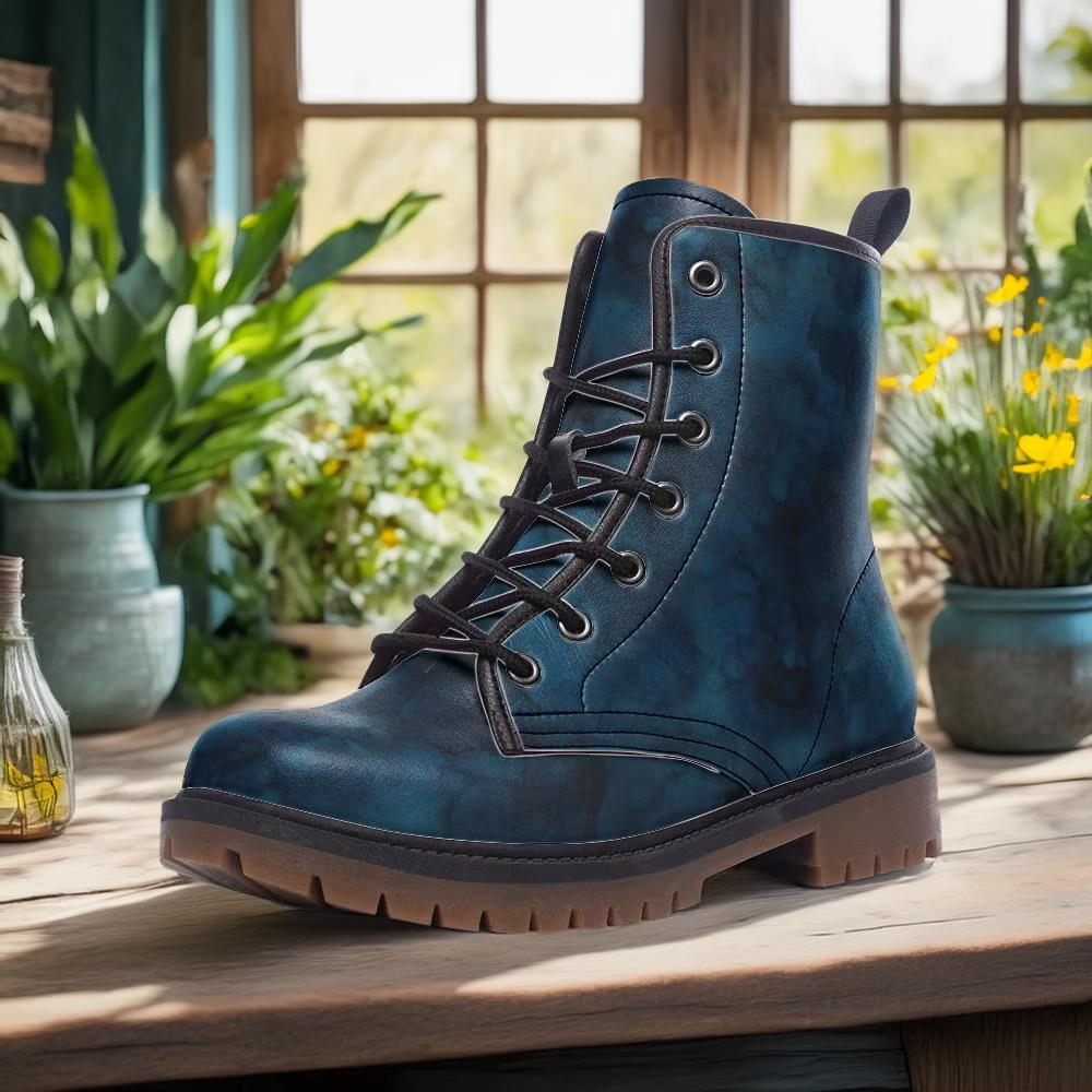 Dark Teal Blue Alcohol Ink Watercolor Vegan Combat Boots, Artistic ...