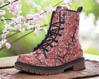 Cherry Blossoms Vegan Combat Boots, Pink Sakura Blossom Boots, Pink Floral Combat Boots, Boho Asian Floral Boots, Cotttagecore Sakura Boots