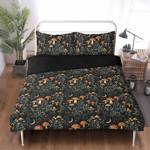 Forestcore Mushrooms Bedding Set, Boho Mushroom & Moon 3 Piece Duvet Cover, Goblincore Bedroom Decor, Nature-Inspired Cozy Home Aesthetic