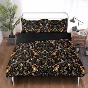 Forestcore Duvet Cover Set, Woodland Animal Bedding, Dark Cottagecore Aesthetic, Whimsigoth Ravens & Rabbits Dark Naturecore Decor Set
