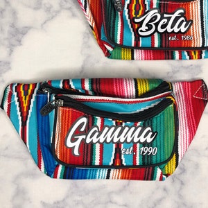 May include: Two colourful fanny packs with black straps and zippered pockets. The top fanny pack has the text "Beta est. 1986" and the bottom fanny pack has the text "Gamma est. 1990".